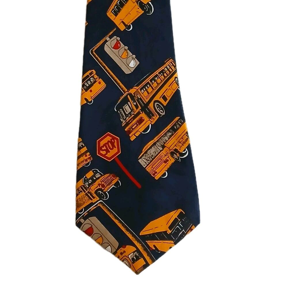 Steven Harris Men Handmade Tie Navy Blue School Bus Novelty Teacher Academia 90s